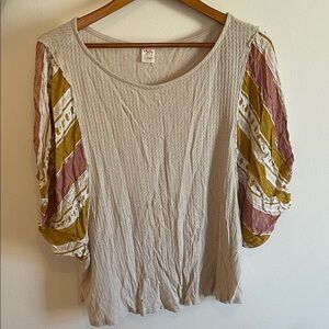 J.O.A. Beige Blouse with Colorful Sleeves
